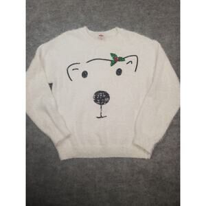 Holiday Time Girls L (12-14) White Christmas Polar Bear Fuzzy Sweater Soft Warm